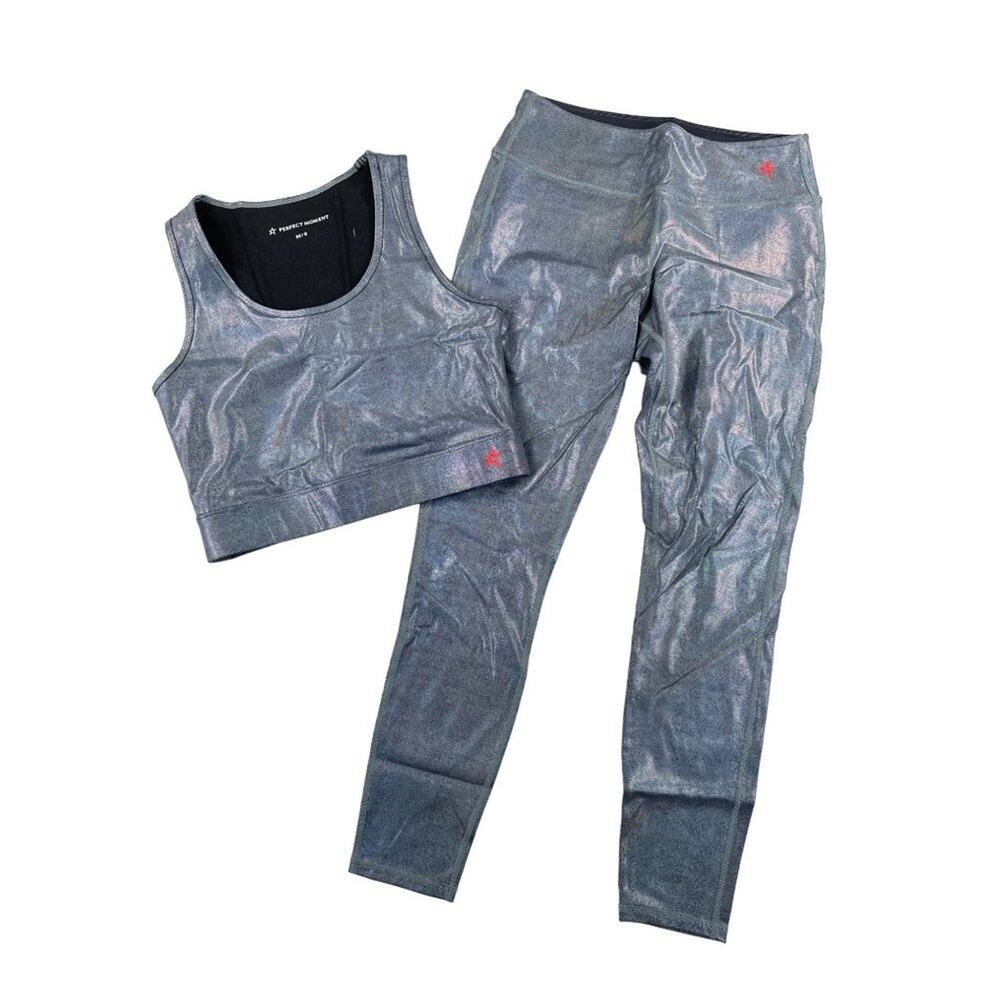Perfect Moment - Metallic Workout Top and Leggings in Silver